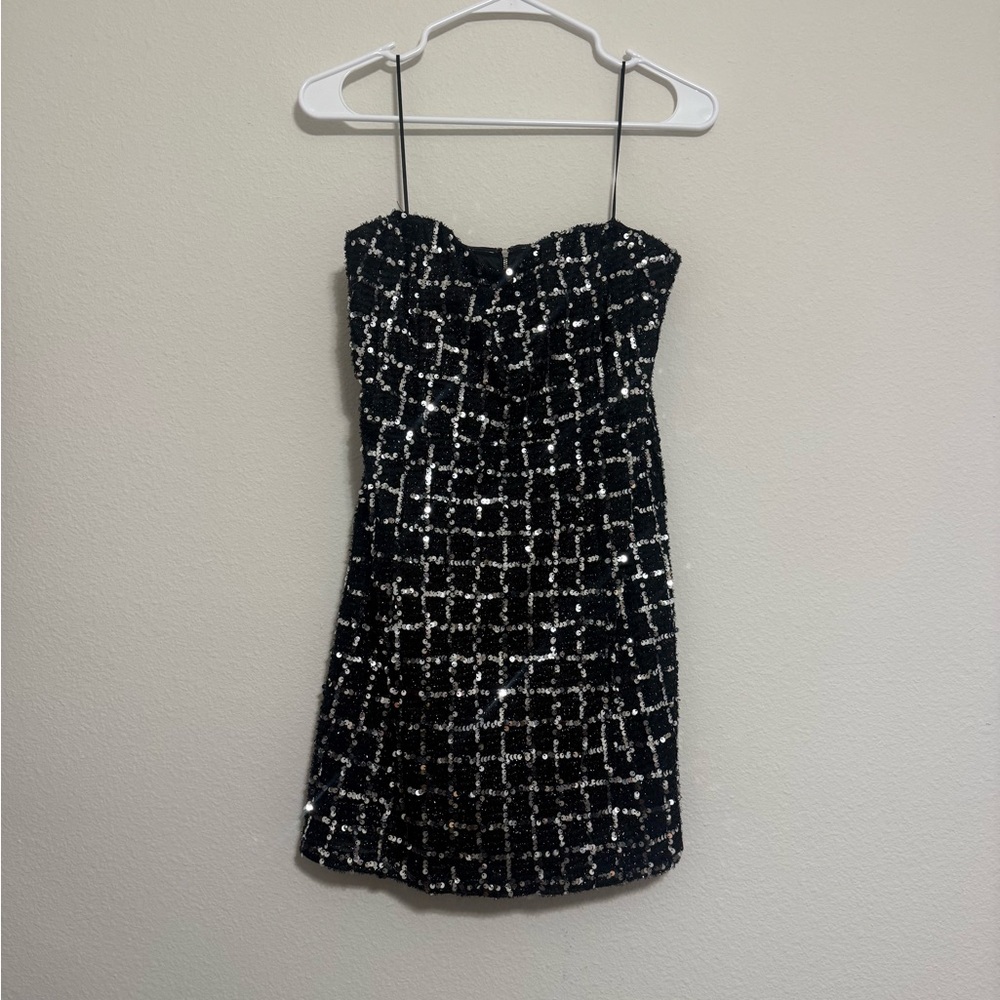 Astr Strapless Black Sequin Grid Mini Dress